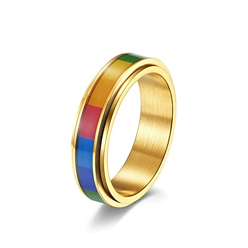 Lieson Ehering Edelstahl Frauen Männer, Regenbogen LGBT 6MM Drehbar Verlobungsringe Freundschaftsringe Hochzeitsringe Partnerringe für Herren Damen Gold Gr.52 (16.6) von Lieson