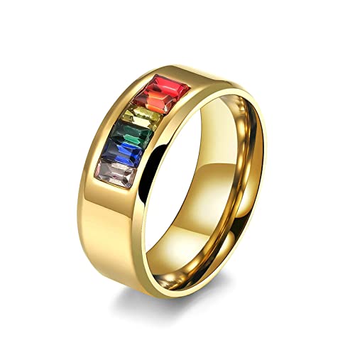 Lieson Eheringe Edelstahl Frauen Männer Partnerringe, 8MM LGBT Regenbogen Zirkonia Verlobungsringe Freundschaftsringe Hochzeitsringe für Herren Damen Gold Gr.49 (15.6) von Lieson