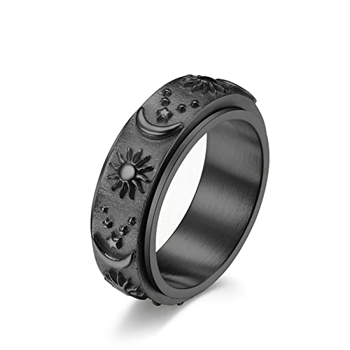 Lieson Frauen Männer Ringe Edelstahl Partnerringe, 8MM Drehbar Mond Sonne Stern Verlobungsringe Freundschaftsringe Eheringe Hochzeitsringe für Herren Damen Schwarz Größe 70 (22.3) von Lieson