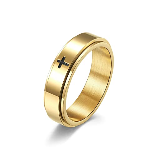 Lieson Frauen Männer Ringe Edelstahl Partnerringe, Poliert Kreuz 6MM Drehbar Verlobungsringe Freundschaftsringe Eheringe Hochzeitsringe für Herren Damen Gold Gr.57 (18.1) von Lieson