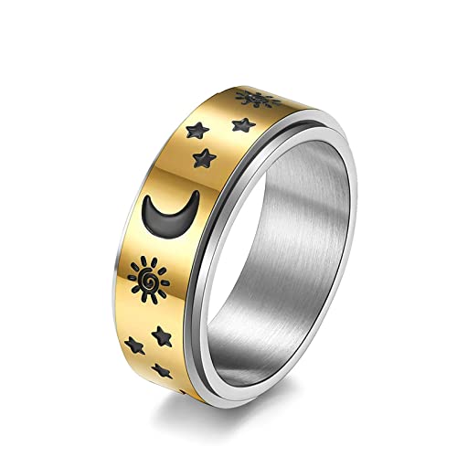 Lieson Freundschaftsringe Damen Herren Edelstahl, Mond Sonne Stern 8MM Drehbar Verlobungsringe Eheringe Hochzeitsringe Partnerringe für Herren Damen Gold Gr.62 (19.7) von Lieson