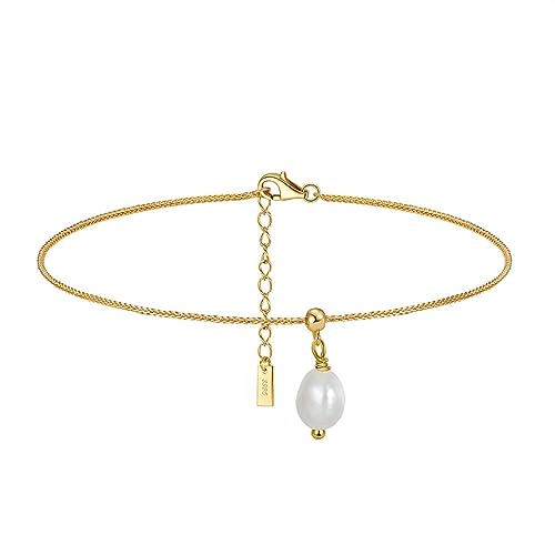 Lieson Fußkette Damen 925 Silber, Fußkettchen 1.1MM Breite Weizenkette mit Perlen Sommer Barfuß Strand Fusskette Gold, Verstellbare 22CM von Lieson