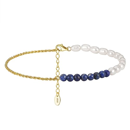 Lieson Fußkette Damen 925 Silber, Fußkettchen 1.5MM Breite Seilkette mit 4MM Lapis Lazuli und Perlen Sommer Barfuß Strand Fusskette Gold, Verstellbare 22CM von Lieson