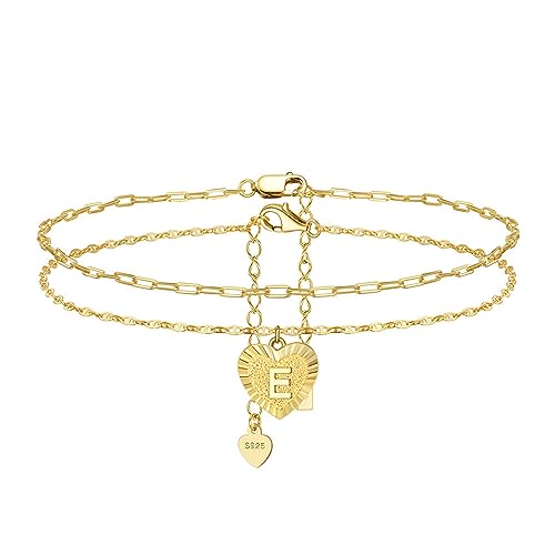 Lieson Fußkette Damen 925 Silber, Fußkettchen Doppelt Layering Kette mit Herz Buchstaben E Sommer Barfuß Strand Fusskette Gold, Verstellbare 21.5CM von Lieson