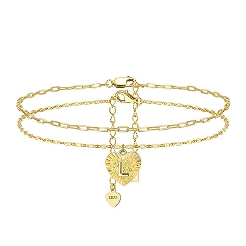 Lieson Fußkette Damen 925 Silber, Fußkettchen Doppelt Layering Kette mit Herz Buchstaben L Sommer Barfuß Strand Fusskette Gold, Verstellbare 21.5CM von Lieson