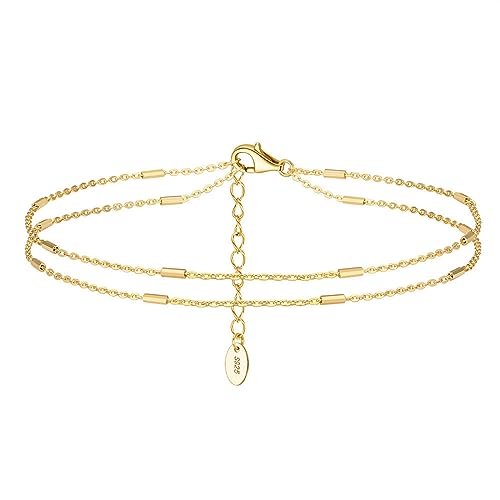 Lieson Fußkette Damen 925 Silber, Fußkettchen Doppelt Layering Kette mit Steg Sommer Barfuß Strand Fusskette Gold, Verstellbare 21CM von Lieson