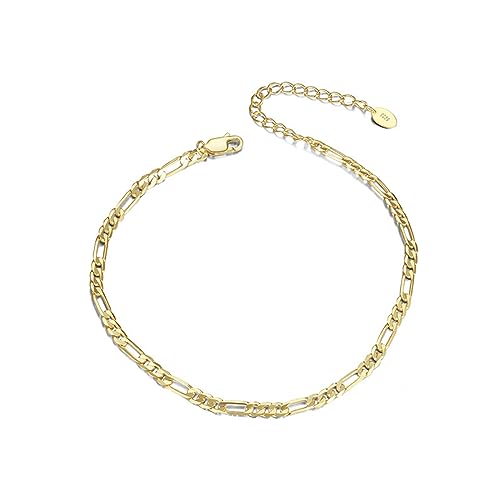 Lieson Fußkette Damen 925 Silber, Fußkettchen Einfach 3.3MM Breite Figarokette Sommer Barfuß Strand Fusskette Gold, Verstellbare 21CM von Lieson