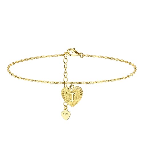 Lieson Fußkette Damen 925 Silber, Fußkettchen Einfach Kette mit Herz Buchstaben J Sommer Barfuß Strand Fusskette Gold, Verstellbare 21.5CM von Lieson