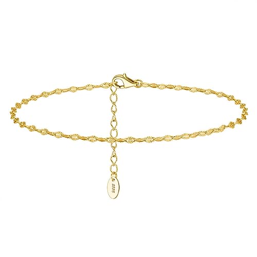 Lieson Fußkette Damen 925 Silber, Fußkettchen Glänzend 2MM Geometrisch Kette Sommer Barfuß Strand Fusskette Gold, Verstellbare 22CM von Lieson