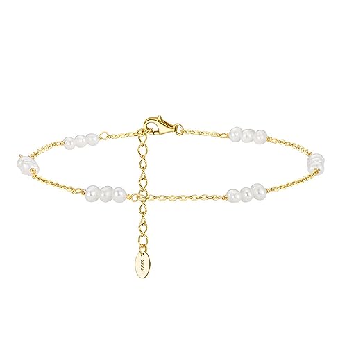 Lieson Fußkette Damen 925 Silber, Fußkettchen Kette mit 3MM Perle Sommer Barfuß Strand Fusskette Gold, Verstellbare 22CM von Lieson