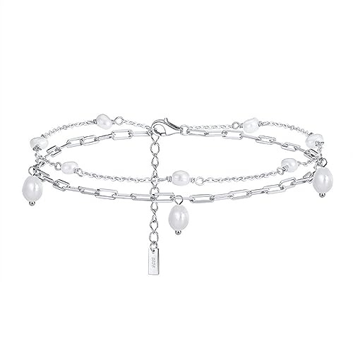 Lieson Fußkette Damen Silber 925, Fußkettchen Doppelt Layering Geometrisch Kette mit Perle Sommer Barfuß Strand Fusskette Silber, Verstellbare 22CM von Lieson