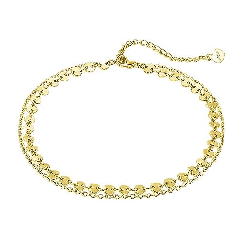 Lieson Fußkette Damen Silber 925, Fußkettchen Doppelt Layering Pailletten und Rolokette Sommer Barfuß Strand Fusskette Gold, Verstellbare 20CM von Lieson