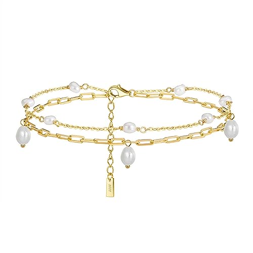 Lieson Fußkette Frauen Silber 925, Fußkettchen Doppelt Layering Geometrisch Kette mit Perle Sommer Barfuß Strand Fusskette Gold, Verstellbare 22CM von Lieson