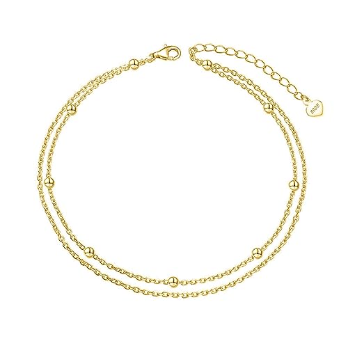 Lieson Fußketten für Damen 925 Silber, Fußkettchen Doppelt Layering Kette mit Perle Sommer Barfuß Strand Fusskette Gold, Verstellbare 20CM von Lieson