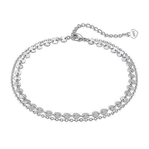 Lieson Fußketten für Damen 925 Silber, Fußkettchen Doppelt Layering Pailletten und Rolokette Sommer Barfuß Strand Fusskette Silber, Verstellbare 20CM von Lieson