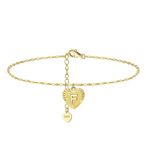 Lieson Fußketten für Damen 925 Silber, Fußkettchen Einfach Kette mit Herz Buchstaben F Sommer Barfuß Strand Fusskette Gold, Verstellbare 21.5CM von Lieson