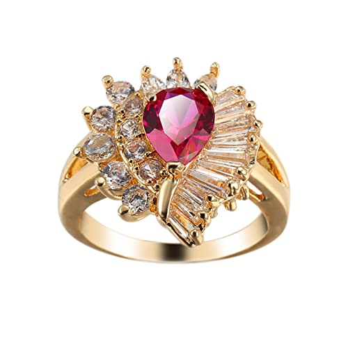Lieson Goldring Damen, Vergoldeter Ring mit Stein Luxus Blume Verlobung Ringe Frauen Tropfen Rot Zirkonia Ring Größe 60 (19.1) von Lieson