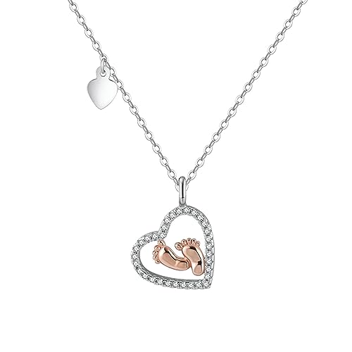 Lieson Halskette Damen Silber 925, Halskette Damen Anhänger Hohl Zirkonia Herz mit Fußabdruck Silber Rosegold, 40CM + 5CM Extend Chain von Lieson