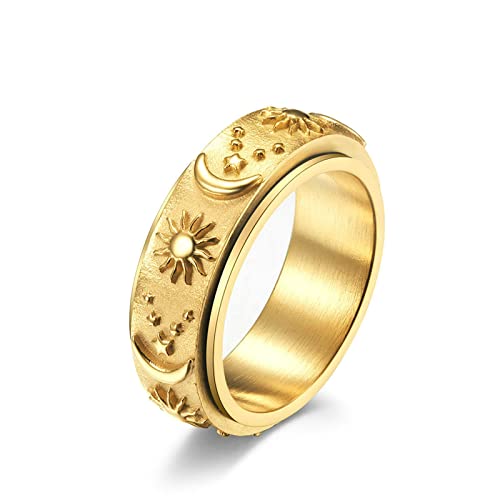 Lieson Hochzeitsringe Damen Herren Edelstahl, 8MM Drehbar Mond Sonne Stern Verlobungsringe Freundschaftsringe Eheringe Partnerringe für Herren Damen Gold Gr.52 (16.6) von Lieson