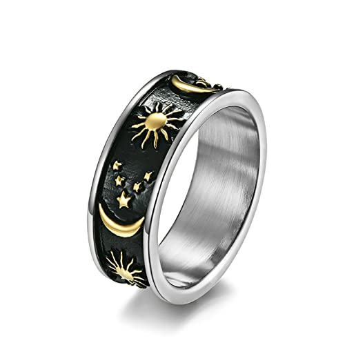 Lieson Hochzeitsringe Edelstahl Partnerringe, Vintage Sonne Mond Stern 8MM Verlobungsringe Freundschaftsringe Eheringe für Herren Damen Gold Silber Größe 62 (19.7) von Lieson