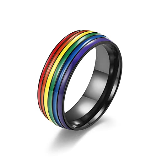 Lieson Hochzeitsringe Herren Edelstahl, 8MM Regenbogen Streifen LGBT Verlobungsringe Freundschaftsringe Eheringe Partnerringe für Herren Schwarz Gr.65 (20.7) von Lieson