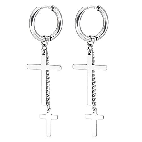 Lieson Ohrschmuck Herren Titan, Hängeohrringe Damen Herren Silber Ohrringe Doppelt Kreuz Mit Quaste von Lieson