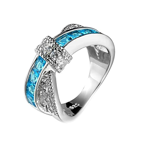 Lieson Ring Weißgold Damen, Ring Vergoldet mit Stein Verdrehter Knoten Verlobungsringe Damen Quadrat Hellblau Zirkonia Ring Größe 52 (16.6) von Lieson