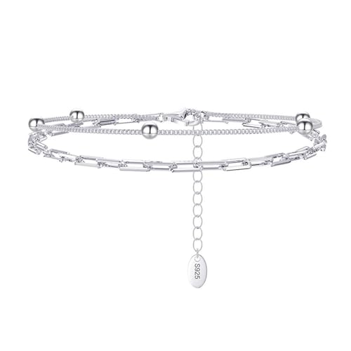 Lieson Silber Armband Damen 925, Armbänder Doppelt Layering Geometrisch Kette mit Perlen Silber Verstellbare 16.5CM, Geburtstag Muttertag Geschenk für Mama Ehefrau Freundin von Lieson