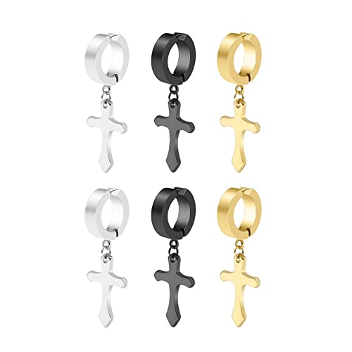 Lieson Titan Ohrringe Damen Herren, Ohrringe Für Damen Herren Silber Schwarz Gold Ohrringe 3 Paar (6 Stück) VinAnhängere Cross von Lieson