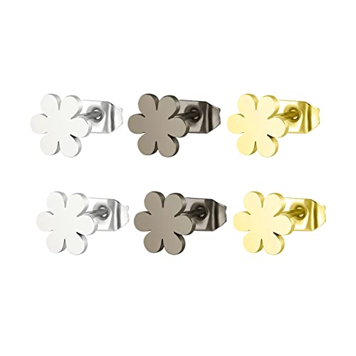 Lieson Titan Ohrringe Frauen, Damen Ohrstecker Silber Schwarz Gold Ohrstecker 3 Paar (6 Stück) Blumen von Lieson