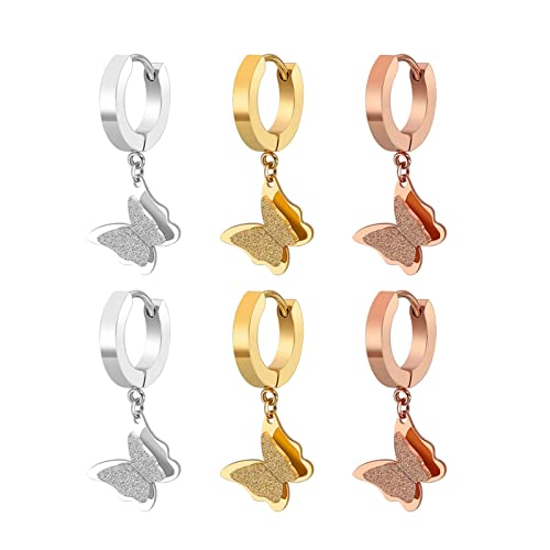 Lieson Titan Ohrringe Frauen, Hänge Ohrringe Gold Silber Rosegold Ohrstecker 3 Paar Matt Schmetterling von Lieson