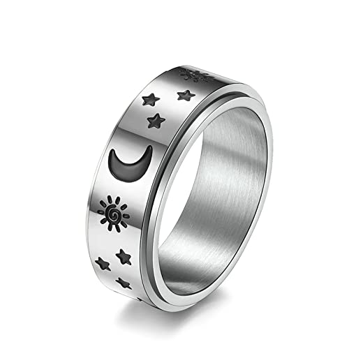 Lieson Verlobungsringe Herren Damen Edelstahl, Mond Sonne Stern 8MM Drehbar Freundschaftsringe Eheringe Hochzeitsringe Partnerringe für Herren Damen Silber Größe 49 (15.6) von Lieson