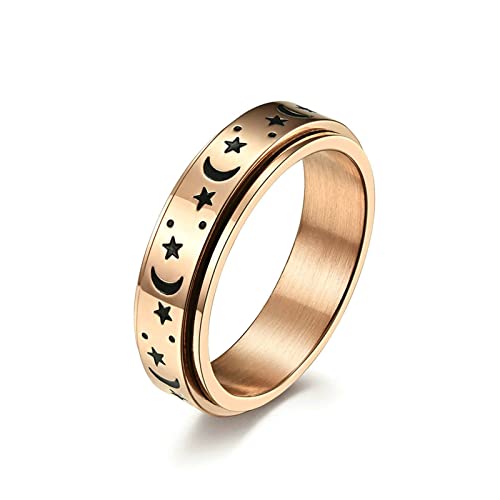 Lieson Verlobungsringe Männer Frauen Edelstahl, Stern Mond 6MM Drehbar Freundschaftsringe Eheringe Hochzeitsringe Partnerringe für Herren Damen Rosegold Größe 49 (15.6) von Lieson