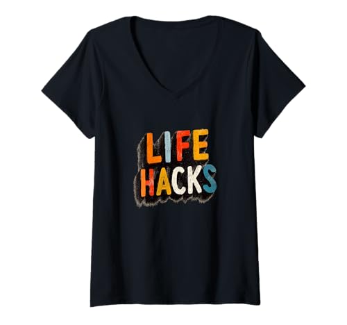 Damen Buntes Life-Hacks-Emblem T-Shirt mit V-Ausschnitt von Life Hacks Outfit