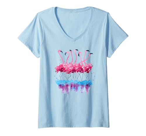 Damen Schöne tropische tanzende rosa Flamingos T-Shirt mit V-Ausschnitt Damen Schöne tropische tanzende rosa Flamingos T-Shirt mit V-Ausschnitt von Life I Love You