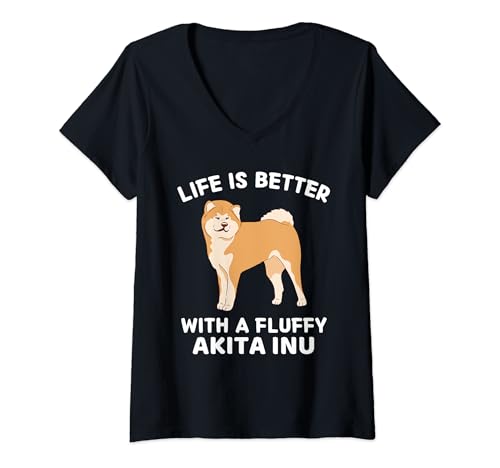 Damen Kawaii Das Leben ist besser mit einem flauschigen Akita Inu Cute Akita Inu T-Shirt mit V-Ausschnitt von Life Is Better With A Fluffy Akita Inu Lover