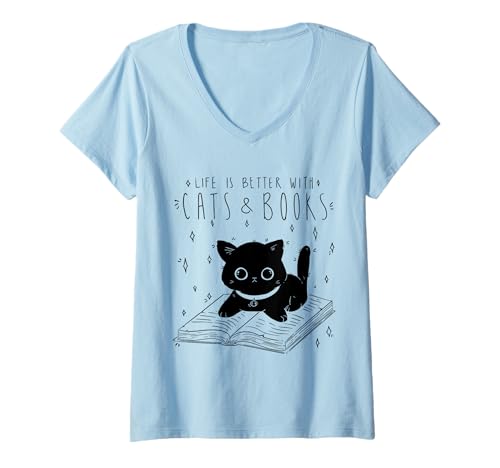 Damen Katzenbuch für Frauen Life is Better with Cats and Books T-Shirt mit V-Ausschnitt Damen Katzenbuch für Frauen Life is Better with Cats and Books T-Shirt mit V-Ausschnitt von Life Is Better With Cats And Books