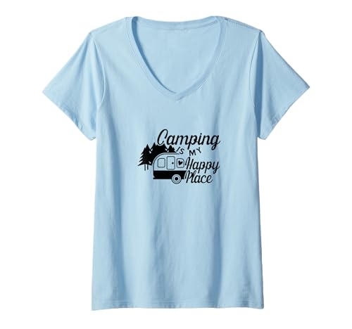 Damen Camping ist Mein glücklicher Ort mit Trailer-Grafik-Meme T-Shirt mit V-Ausschnitt Damen Camping ist Mein glücklicher Ort mit Trailer-Grafik-Meme T-Shirt mit V-Ausschnitt von Life Is Good When Camping