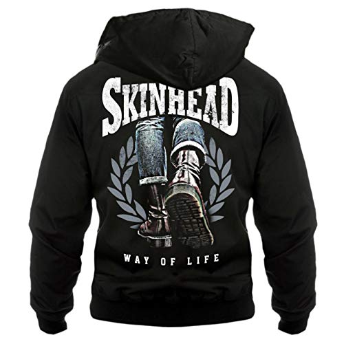 Herren Harrington Jacke mit Kapuze mit RÜCKENDRUCK GROSS Skinhead a way of life von Life Is Pain