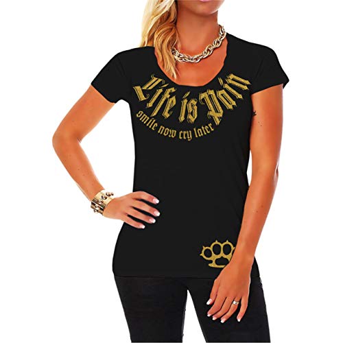 Life Is Pain Damen Frauen T-Shirt Smile Now cry Later Gold Rap Bikes Inked Girls Tattoo von Life Is Pain