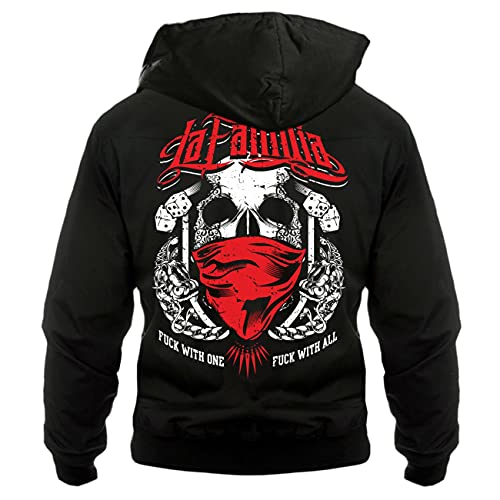 Life Is Pain Herren Harrington Jacke mit Kapuze La Familia Fuck with one Totenkopf Motiv von Life Is Pain