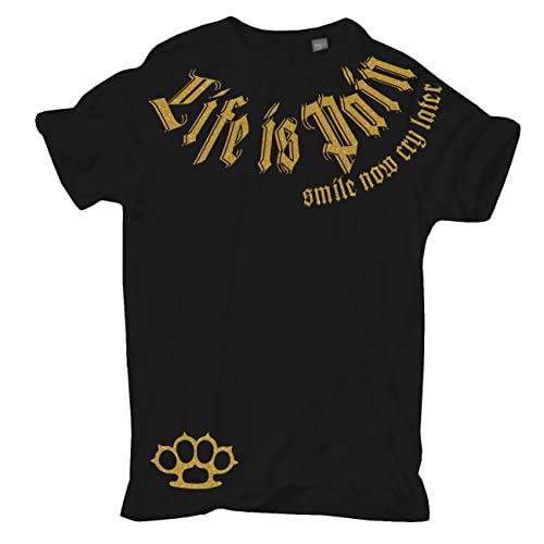 Life Is Pain Herren Tshirt Label Gold Hardcore Tattoo Design von Life Is Pain