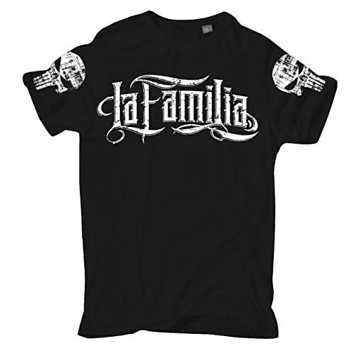 Life Is Pain Herren Tshirt La Familia Logo mit Totenköpfe und Skull Ärmel von Life Is Pain