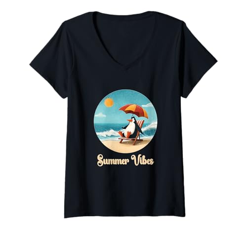 Damen Lustiger Pinguin Summer Vibes Vintage Strand Urlaub Grafik T-Shirt mit V-Ausschnitt von Life Is Really Good Summer Beach Vacation Graphic