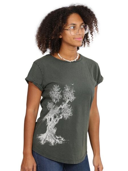 Life-Tree Organic Fairwear Shirt Women "Olive Tree" in Washed Blue/Green von Life-Tree
