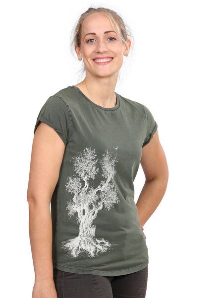 Life-Tree Organic Fairwear Shirt Women "Olive Tree" in Washed Blue/Green von Life-Tree