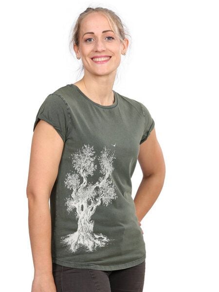Life-Tree Organic Fairwear Shirt Women "Olive Tree" in Washed Blue/Green von Life-Tree