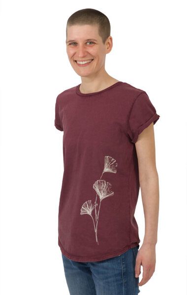 Life-Tree Shirt aus Biobaumwolle Fairwear für Damen "Ginkgo" in Washed Red/ Washed White von Life-Tree