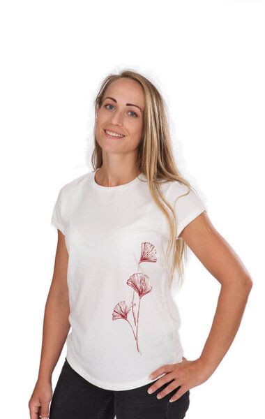 Life-Tree Shirt aus Biobaumwolle Fairwear für Damen "Ginkgo" in Washed Red/ Washed White von Life-Tree