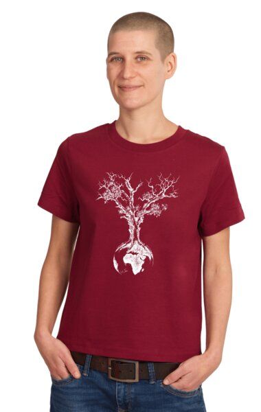 Life-Tree Shirt aus Biobaumwolle Fairwear für Damen "Weltenbaum" in Burgundy Rot/Natural Weiß von Life-Tree